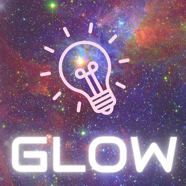Light bulb against a starry sky with the word Glow