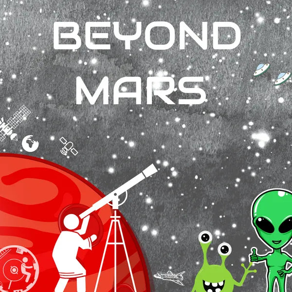 Stargazer with a telescope on Mars beside cartoon aliens