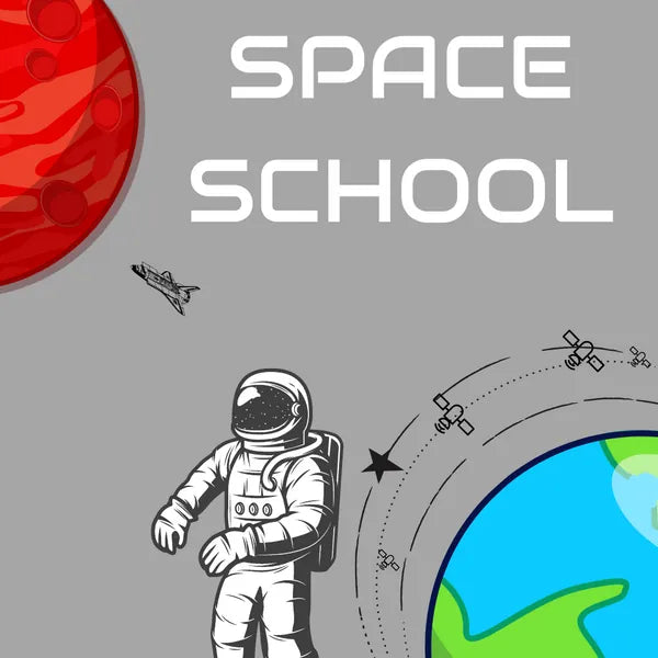 Astronaut floating between Mars and Earth with the words Space School