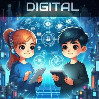 Two illustrated children with tablets under a DIGITAL banner