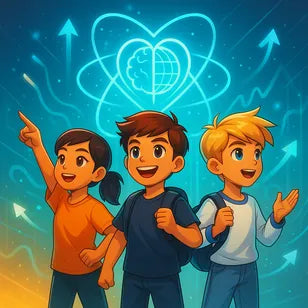 Three illustrated children pointing ahead against a blue science backdrop