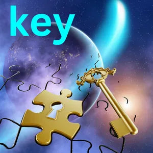 Golden key and puzzle pieces against a space background