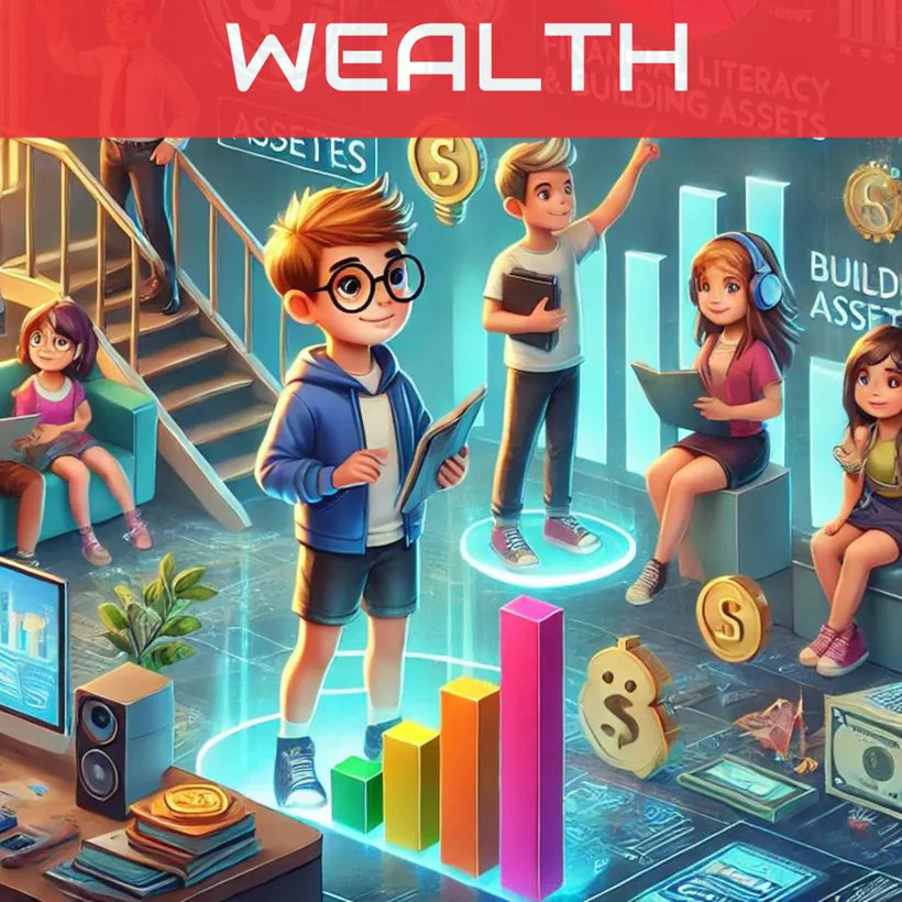 Illustrated children with coins, charts and a sign about assets