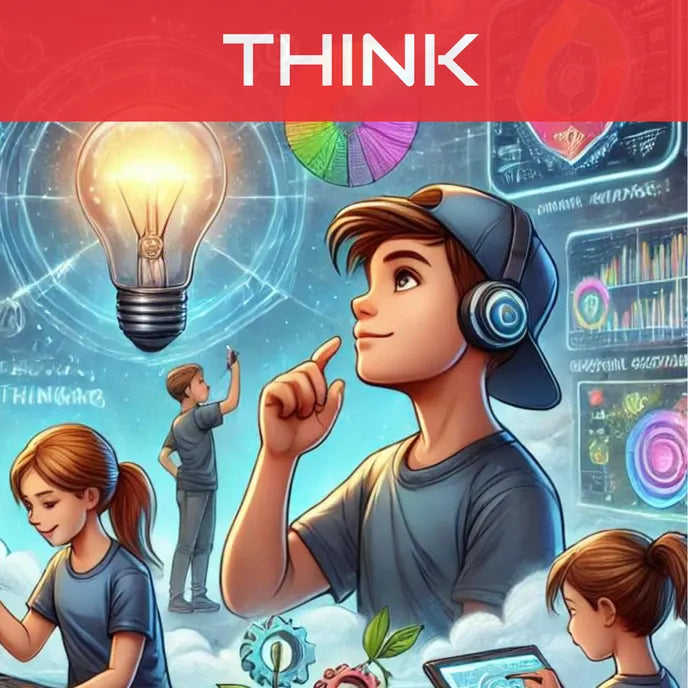 Illustrated boy thinking beside a glowing light bulb