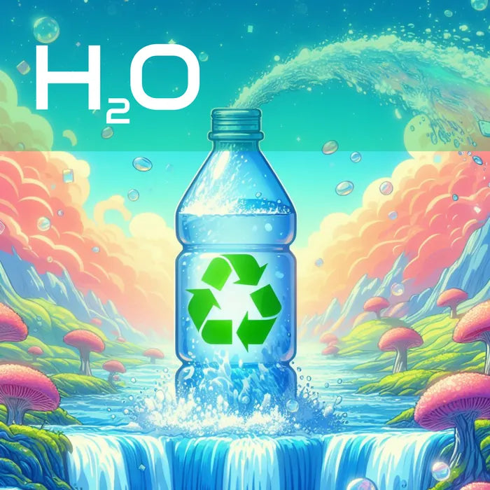 Illustrated water bottle with a recycling symbol above a waterfall