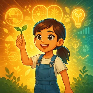 Illustrated girl holding a seedling in front of a glowing globe