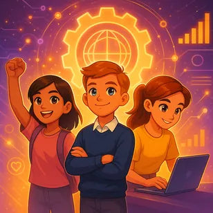 Three illustrated children with a laptop in front of a glowing gear