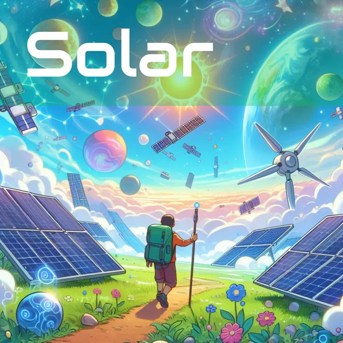 Illustrated hiker walking past solar panels and wind turbines