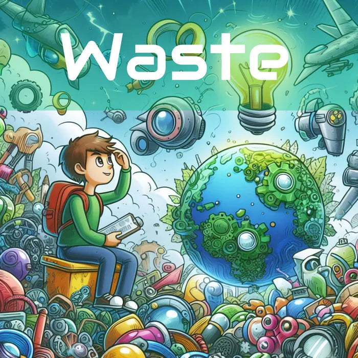 Illustrated boy sitting beside a green globe surrounded by recycled objects