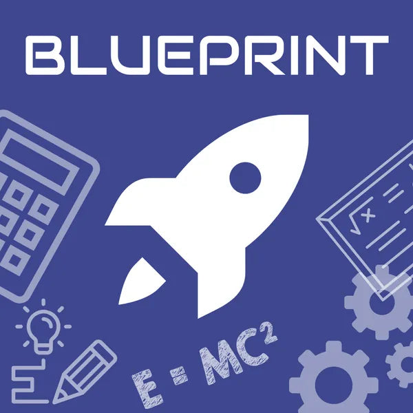 Rocket blueprint with engineering sketches