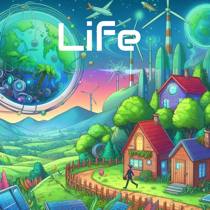 Illustrated house and garden in a green landscape