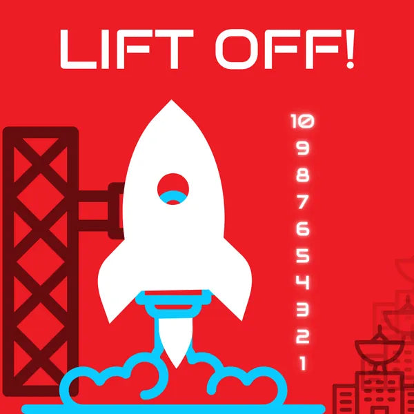 Rocket on a launch pad with a countdown and the words Lift Off