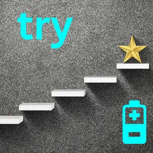 White steps rising to a gold star beside a battery and the word try