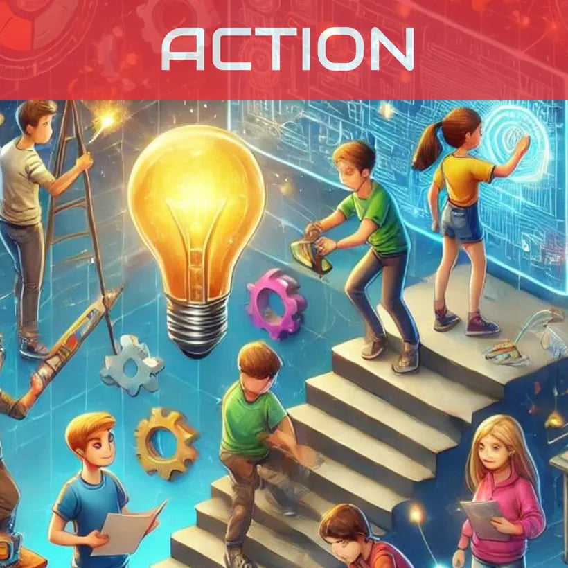 Illustrated children climbing stairs towards a glowing light bulb
