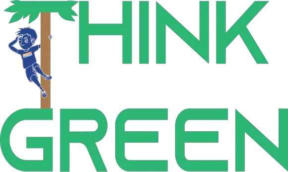 Think Green theme lettering with a camper climbing a palm tree