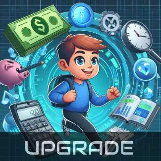 Illustrated boy running past money, a calculator and a clock