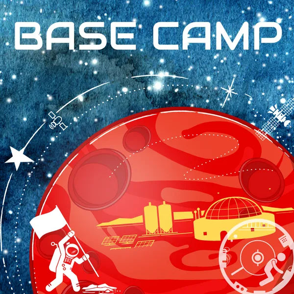 Astronaut planting a flag at a base camp on Mars