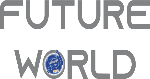 Future World theme lettering with a camper inside a globe