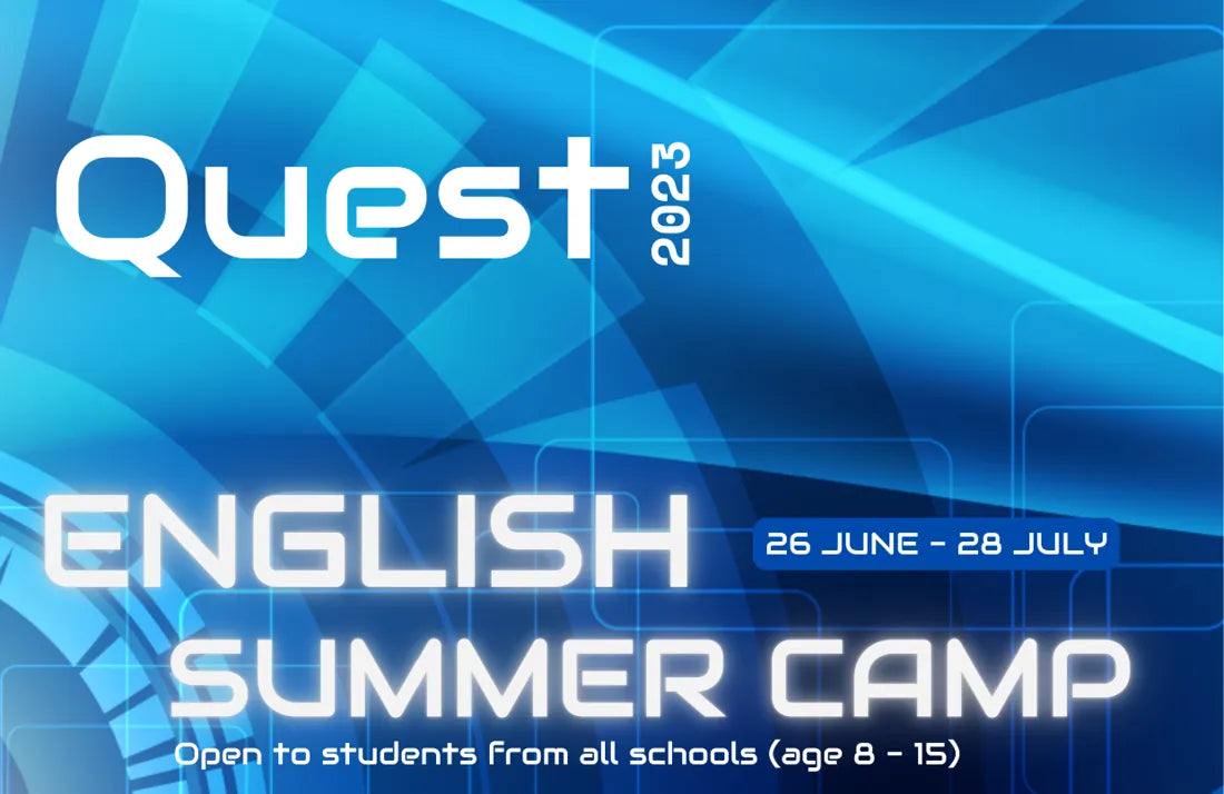 QUEST English Summer Camp 2023 cover artwork with blue light trails and the camp title
