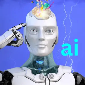 Humanoid robot head with the letters ai