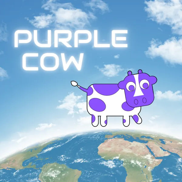 Cartoon purple cow above planet Earth