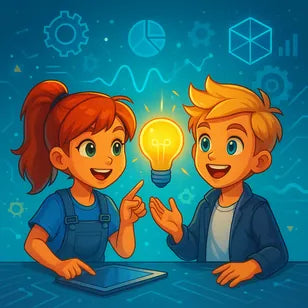 Two illustrated children with a glowing lightbulb and a tablet