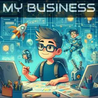 Illustrated boy drawing up plans at a desk with a rocket overhead