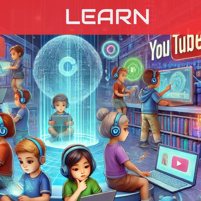 Illustrated children watching videos on laptops in a library