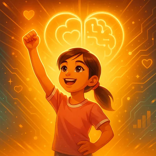 Illustrated girl raising her fist in front of a glowing heart and brain